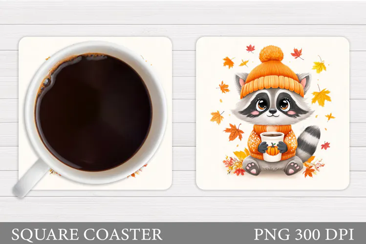 Fall Raccoon Coaster Design. Cute Raccoon Coaster