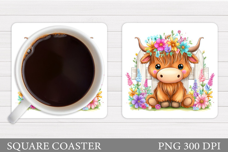 Cow Coaster Sublimation. Cow Flowers Coaster Design