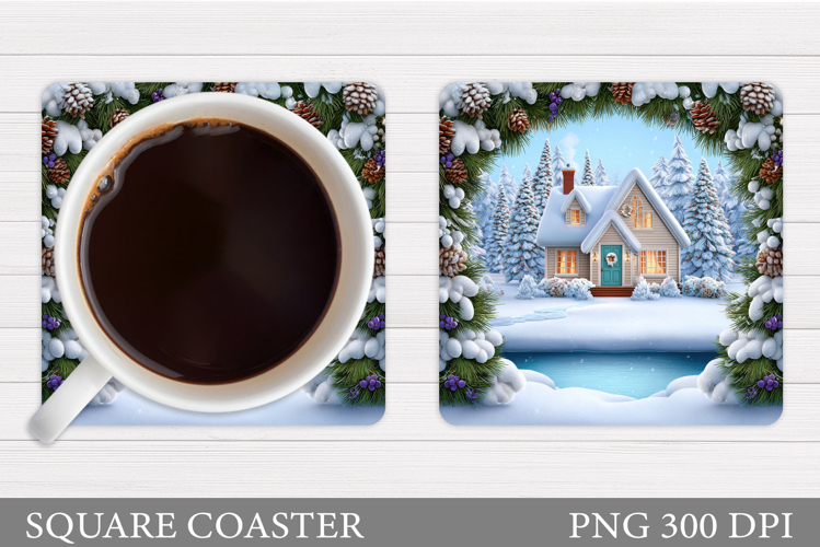 Winter House Coaster Sublimation. Christmas Coaster Design