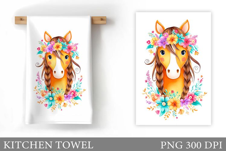 Horse Kitchen Towel Design. Cute Horse Flowers Sublimation