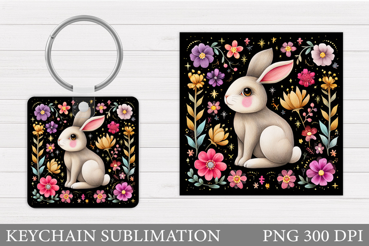 Cute Bunny Keychain. Bunny Flowers Keychain Sublimation