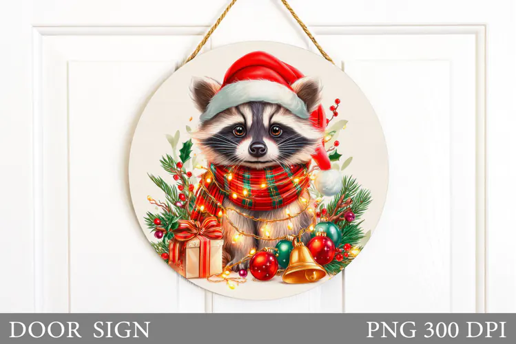 Christmas Raccoon Door Sign. Christmas Door Sign Sublimation