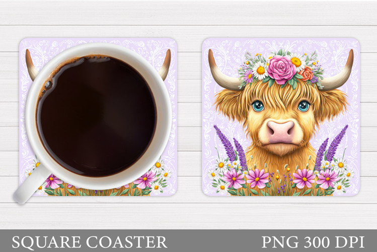 Highland Coaster Sublimation. Cow Flowers Coaster Design