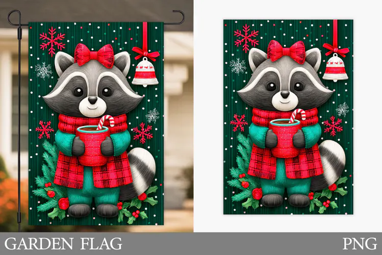 Christmas Raccoon Garden Flag. Christmas Garden Flag Design