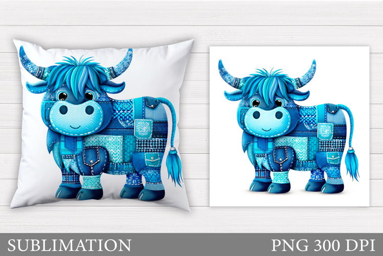 Denim Patchwork Cow Pillow. Patchwork Cow Sublimation