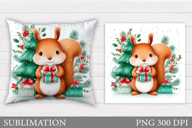 Cute Squirrel Pillow Design. Christmas Pillow Sublimation