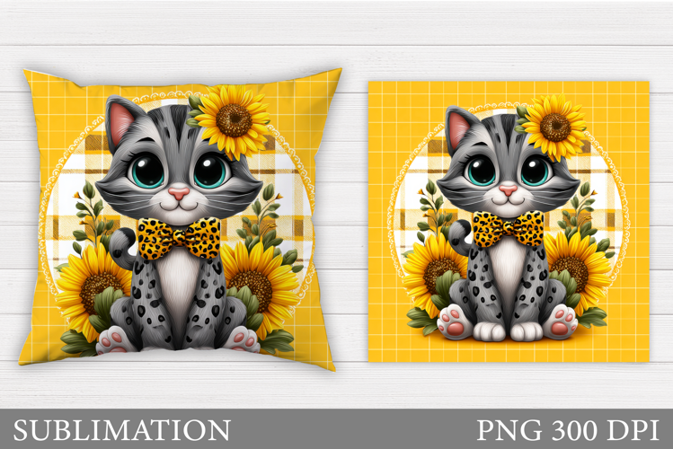 Cute Cat Pillow Sublimation. Cat Flowers Pillow Design