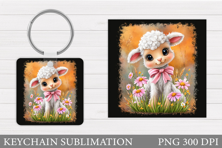 Cute Lamb Keychain Design. Lamb Flowers Keychain Sublimation