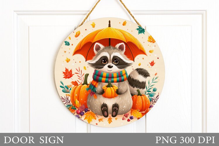 Fall Raccoon Door Sign Sublimation. Fall Door Sign Design example image 1
