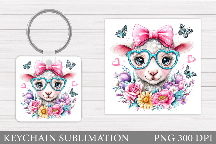 Cute Lamb Keychain Design. Lamb Flowers Keychain Sublimation