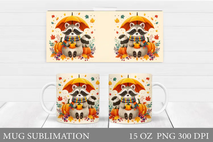 Fall Raccoon Mug Design. Fall Mug Sublimation