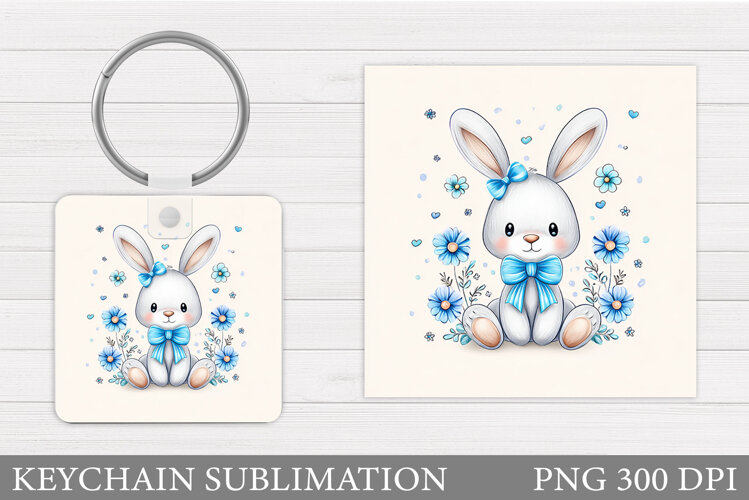 Cute Bunny Keychain. Bunny Flowers Keychain Sublimation example image 1