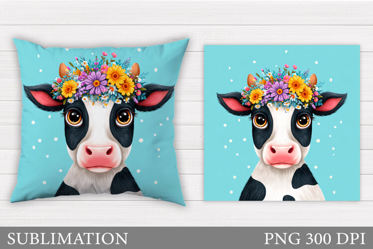 Cow Pillow Design. Cow Flowers Pillow Sublimation example image 1