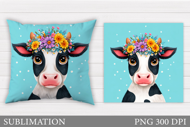 Cow Pillow Design. Cow Flowers Pillow Sublimation