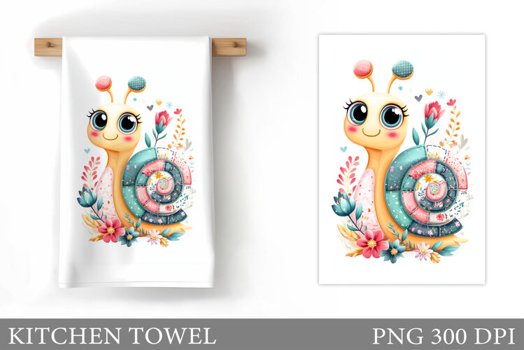 Cute Snail Kitchen Towel. Snail Flowers Kitchen Towel Design example image 1