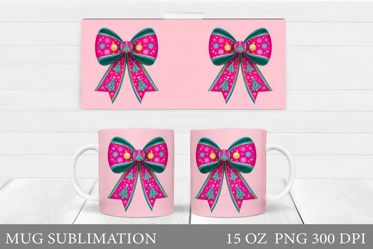 Christmas Bow Mug Wrap Design. Christmas Bow Sublimation