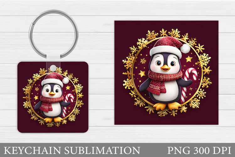 Cute Penguin Keychain Sublimation. Christmas Keychain Design