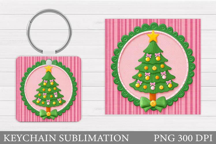 Christmas Tree Keychain. Christmas Round Keychain Design
