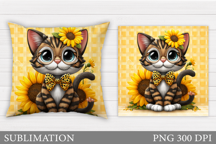 Cute Cat Pillow Sublimation. Cat Flowers Pillow Design