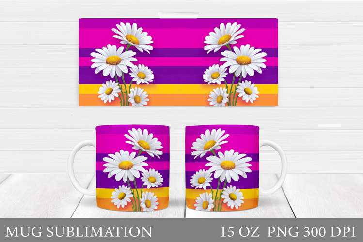 Daisy Flowers Mug Sublimation. Floral Mug Wrap Design