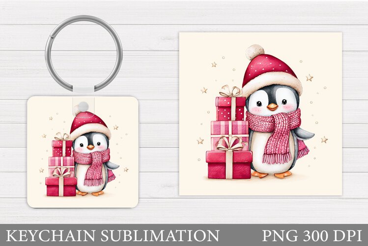 Cute Penguin Keychain Sublimation. Christmas Keychain Design example image 1