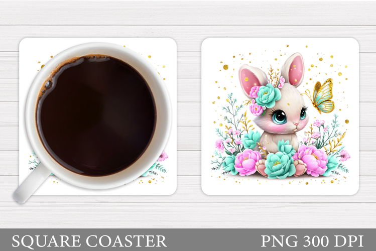 Bunny Coaster Sublimation. Bunny Flowers Coaster Design