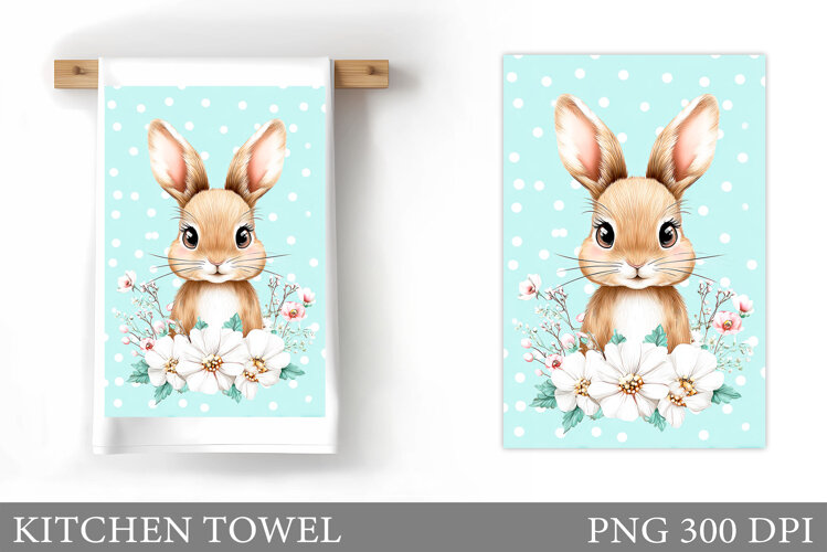 Cute Bunny Kitchen Towel. Bunny Flowers Kitchen Towel Design example image 1