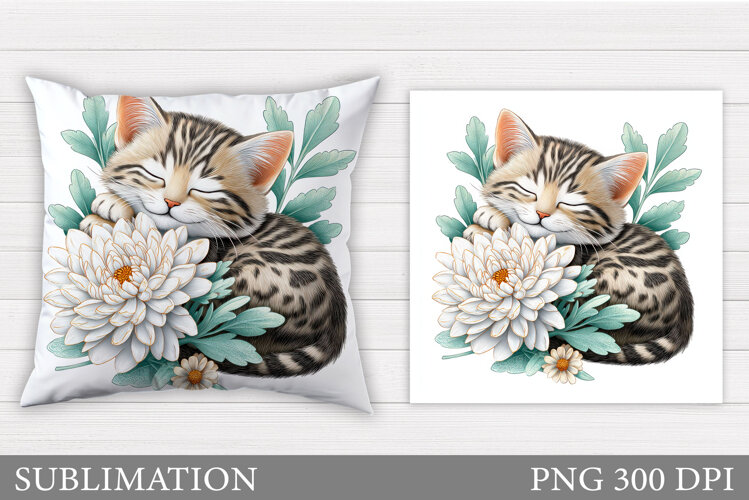 Cute Cat Pillow Design. Cat Flowers Pillow Sublimation example image 1