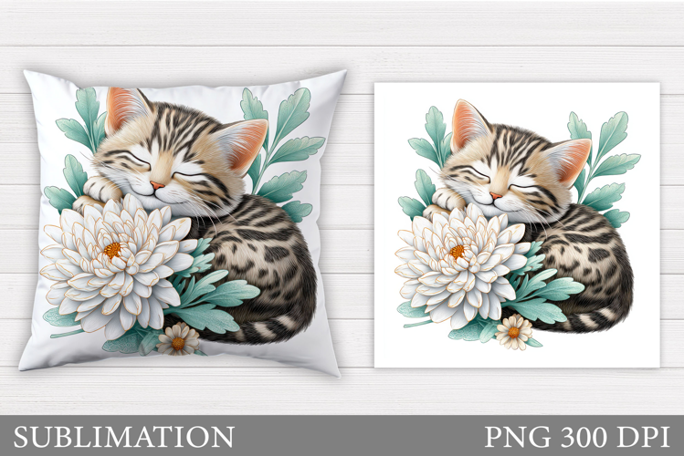 Cute Cat Pillow Design. Cat Flowers Pillow Sublimation