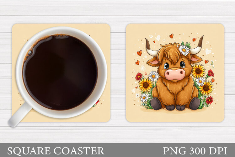 Highland Coaster Sublimation. Cow Flowers Coaster Design example image 1