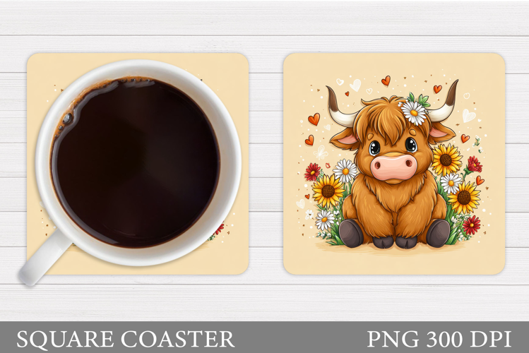 Highland Coaster Sublimation. Cow Flowers Coaster Design