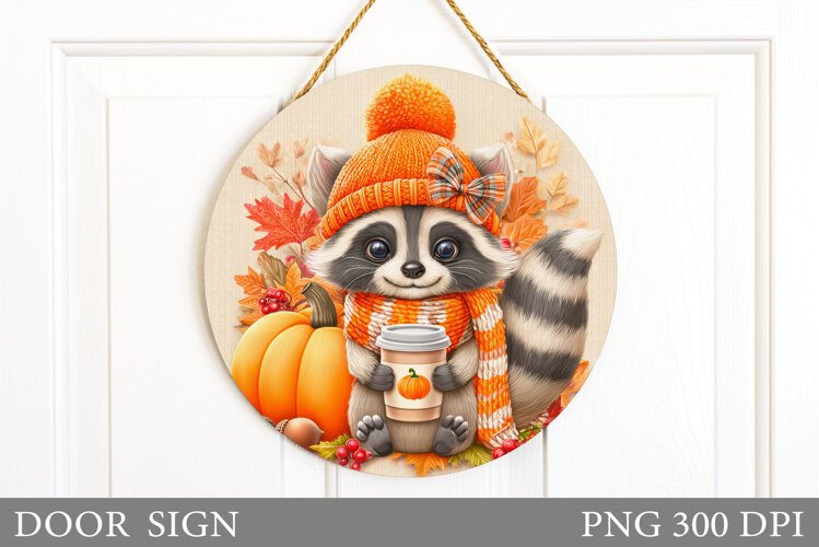 Fall Raccoon Door Sign Sublimation. Fall Door Sign Design example image 1