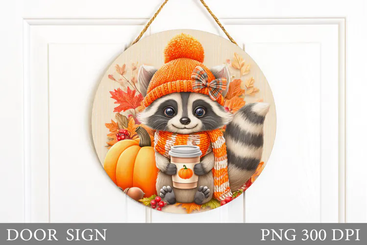 Fall Raccoon Door Sign Sublimation. Fall Door Sign Design
