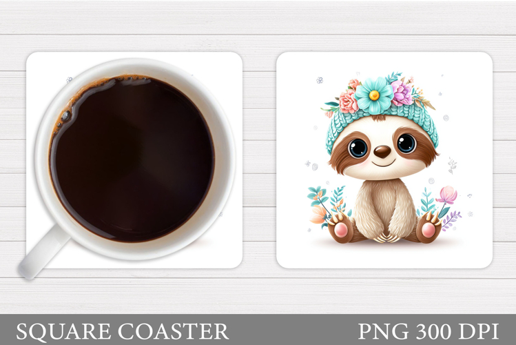 Cute Sloth Coaster. Sloth Flowers Coaster Sublimation