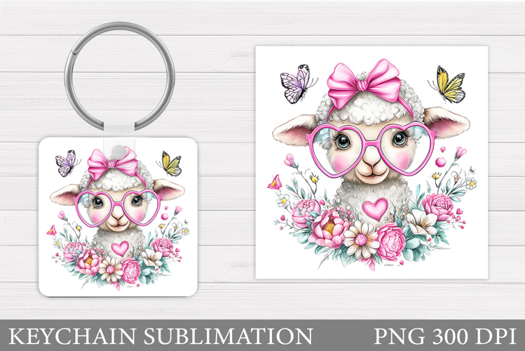 Cute Lamb Keychain Design. Lamb Flowers Keychain Sublimation