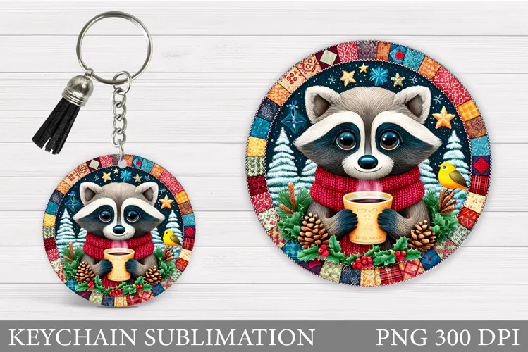 Christmas Raccoon Keychain. Christmas Keychain Sublimation