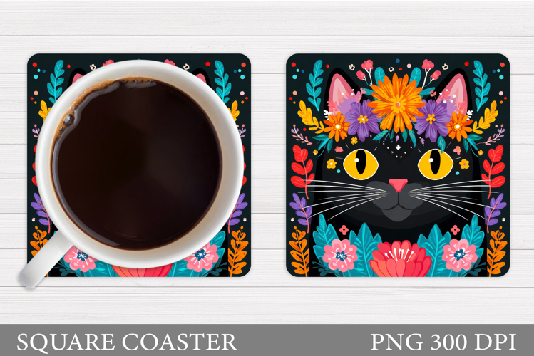 Cute Cat Coaster Design. Cat Flowers Coaster