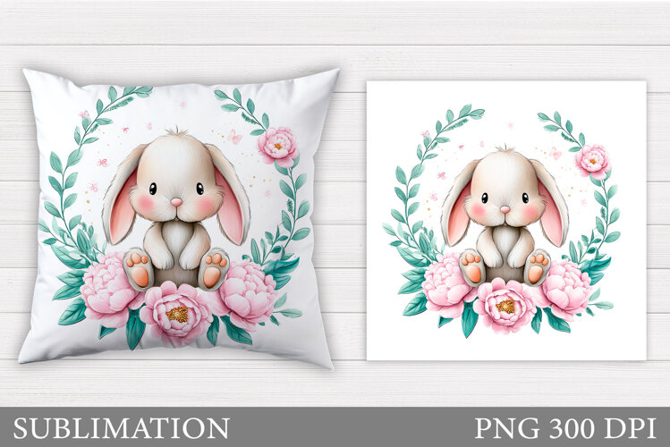 Cute Bunny Pillow Design. Cute Bunny Flowers Sublimation example image 1