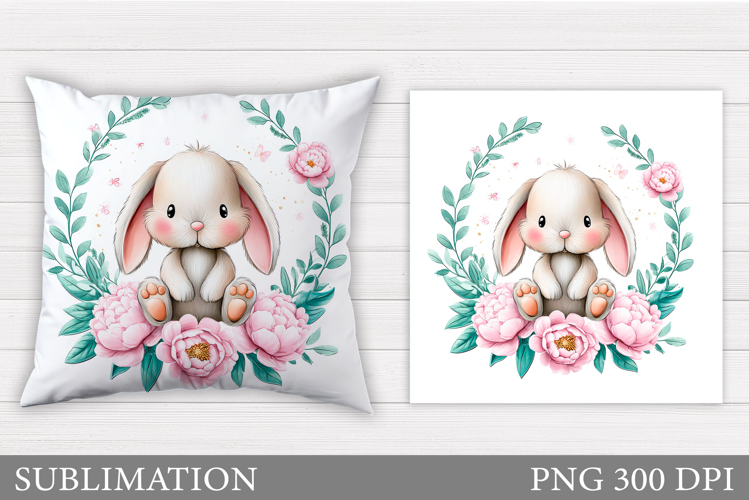 Cute Bunny Pillow Design. Cute Bunny Flowers Sublimation