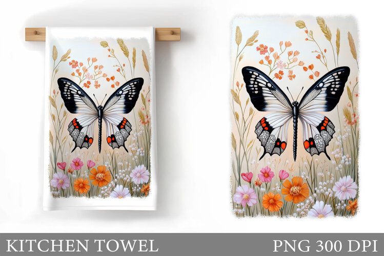 Butterfly Kitchen Towel. Flowers Kitchen Towel Sublimation example image 1