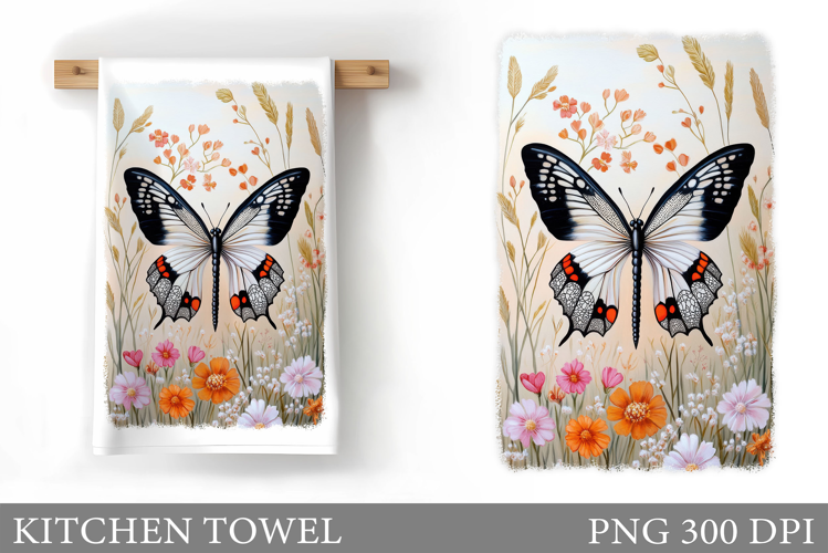Butterfly Kitchen Towel. Flowers Kitchen Towel Sublimation