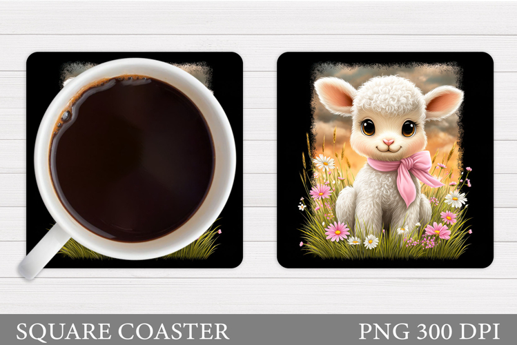 Cute Lamb Coaster Sublimation. Lamb Flowers Coaster Design