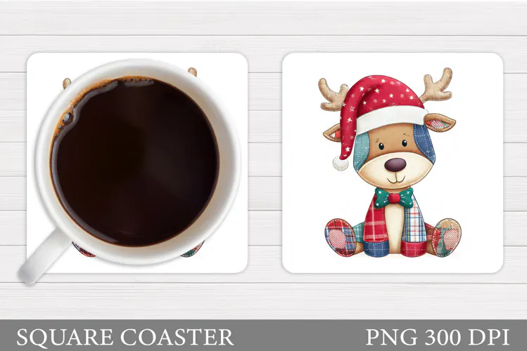 Patchwork Deer Coaster Design. Christmas Coaster Sublimation