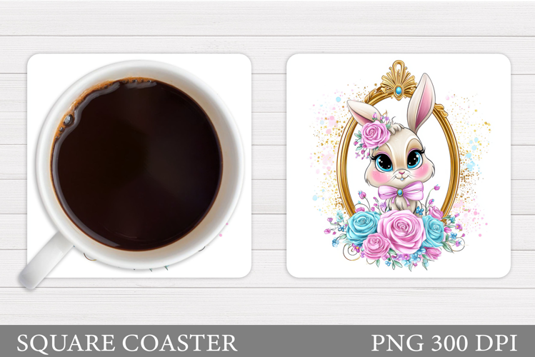 Bunny Coaster Sublimation. Bunny Flowers Coaster Design