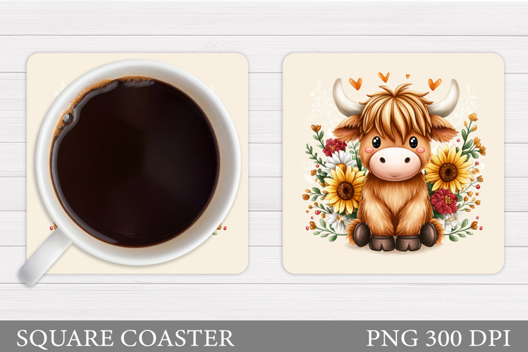 Highland Coaster Sublimation. Cow Flowers Coaster Design