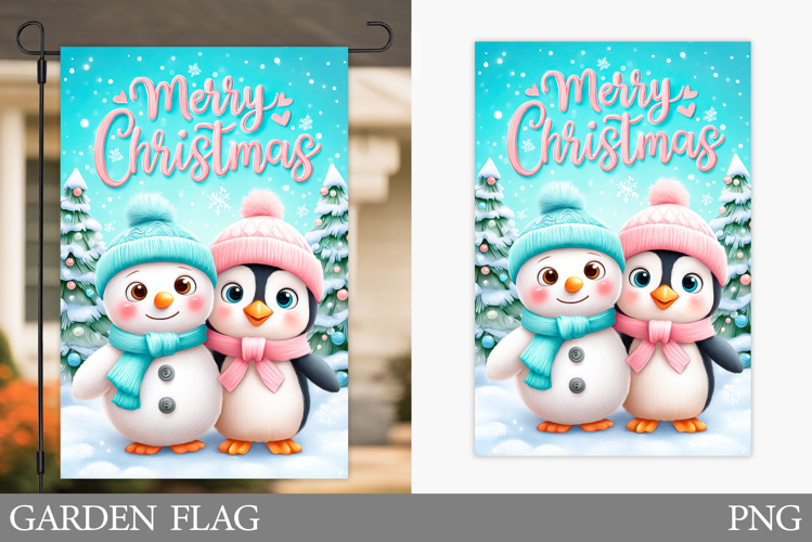 Snowman Garden Flag Design. Christmas Penguin Garden Flag