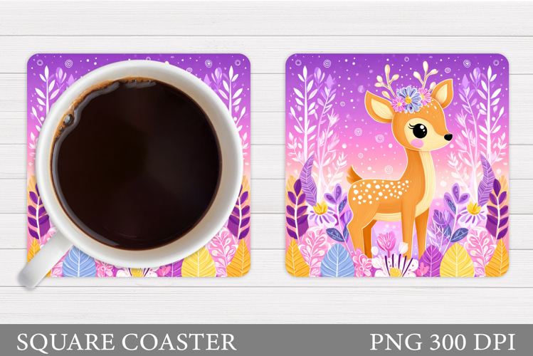 Cute Deer Coaster Sublimation. Deer Flowers Coaster Design
