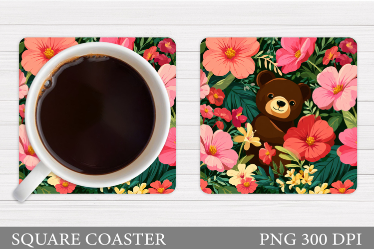 Bear Coaster Sublimation. Bear Flowers Coaster Design
