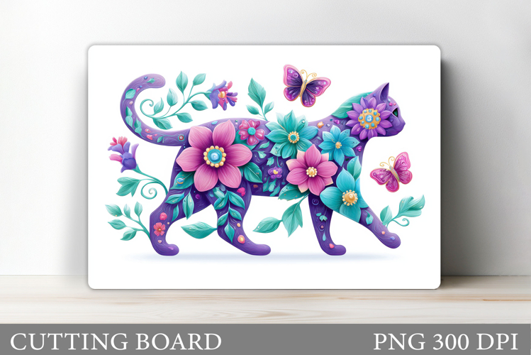 Floral Cat Cutting Board Design. Cute Cat Sublimation