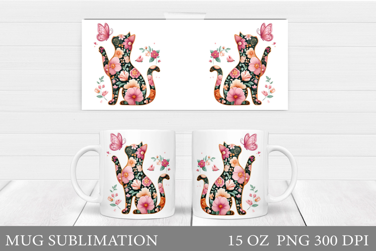 Floral Cat Mug Design. Cat Mug Sublimation